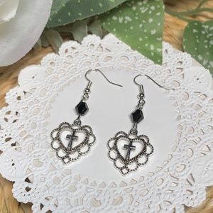 Graceful Filigree Heart Silver Cross Dangle Earrings